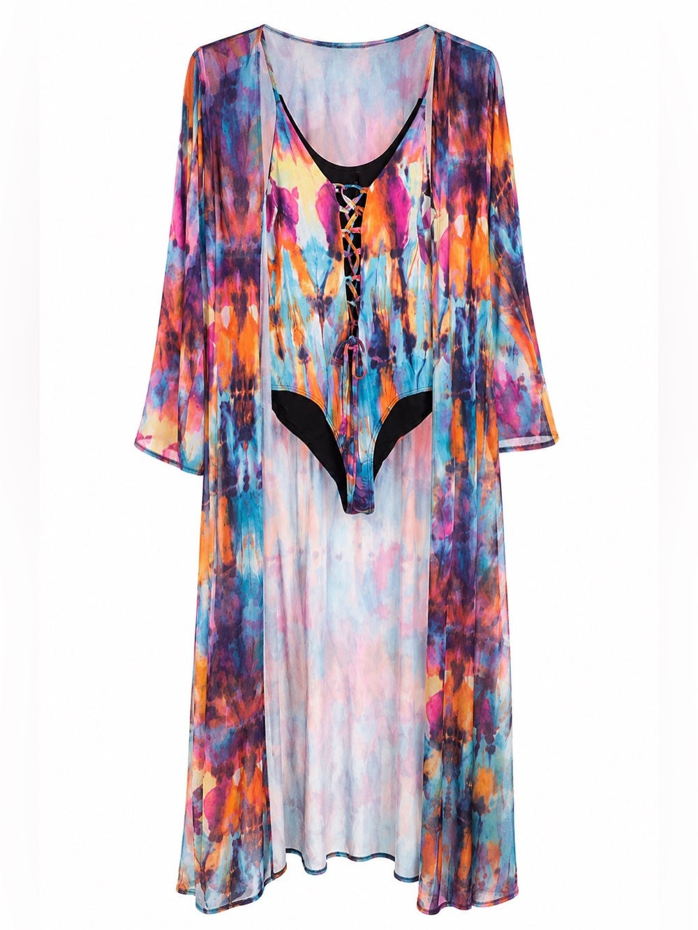 Vibrant Tie-Dye One-Piece Swimsuit with Sheer Cover-Up